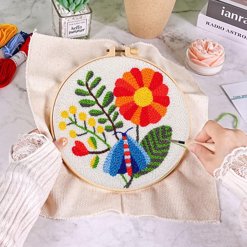KESTAR Punch Needle Embroidery Starter Kits, Flower Dragonfly Punch Needle Kits for Adults Beginner, Needle Punch Kit Tool with Instruction Threader Fabric Yarns and Hoop - Image 3